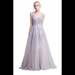Silver tulle v neck prom dress